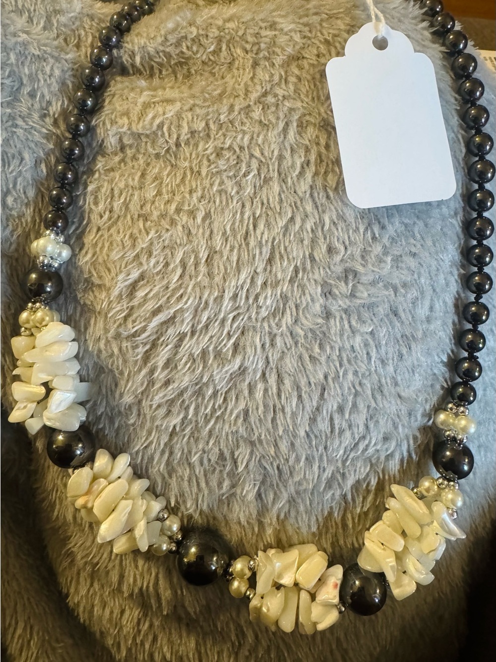 Pearl Chip & Hematite Bead Statement Necklace - White & Dark Gray